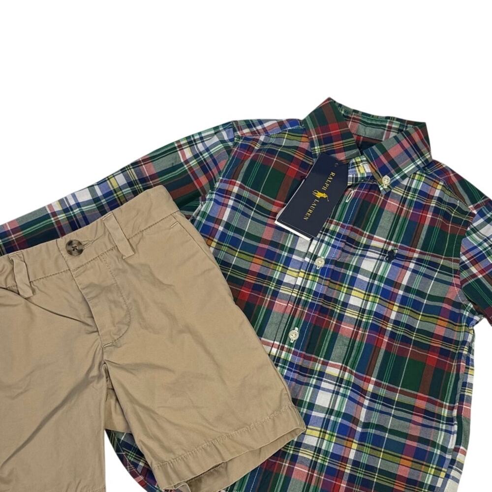 Ralph Lauren Boys 2T Plaid Button Down Shirt & Khaki Shorts Outfit Set NWT
